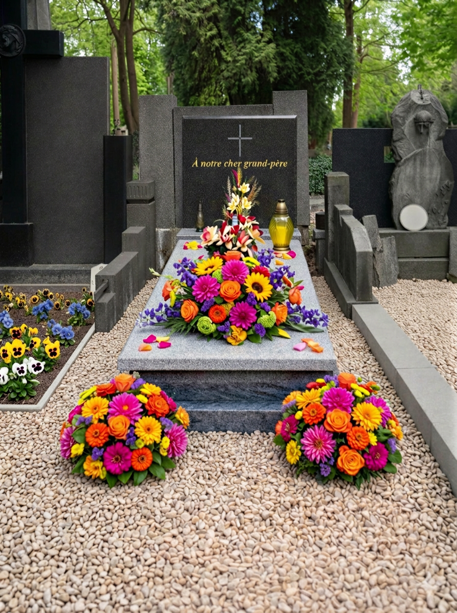 Tombe fleurie avec bouquets colorés